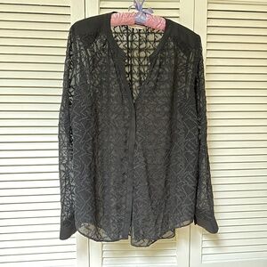 Rebecca Taylor Sheer Black Long V-Neck Button Up Top Size 10 Whimsigoth